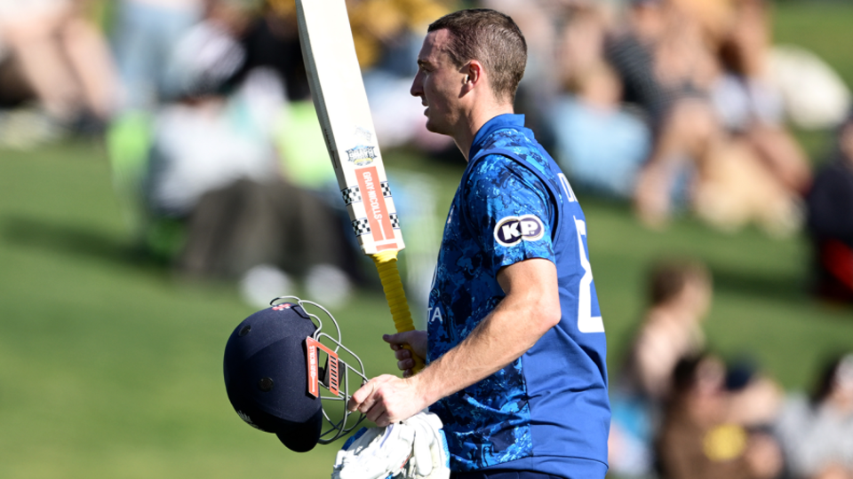 Harry Brook leaves the field at the end of England's innings