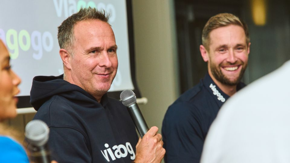 Michael Vaughan and Chris Woakes speak to the media at a Viagogo event in London