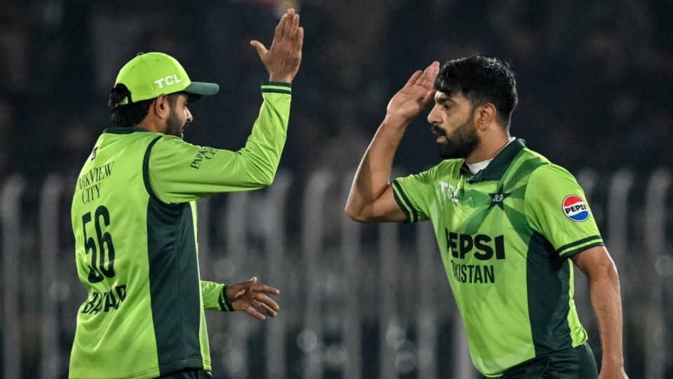 Babar Azam and Haris Rauf celebrate a wicket