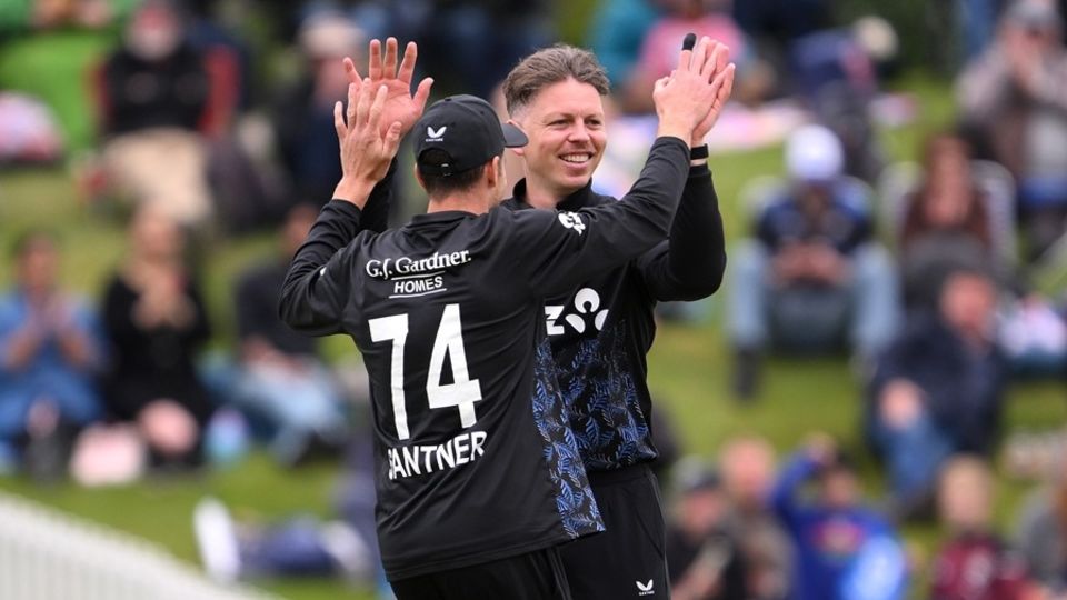 Michael Bracewell celebrates a wicket with Mitchell Santner