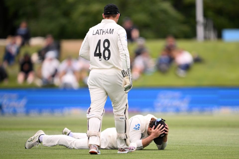 New Zealand dropped four catches - here, Devon Conway reacts after giving Tagenarine Chanderpaul a reprieve