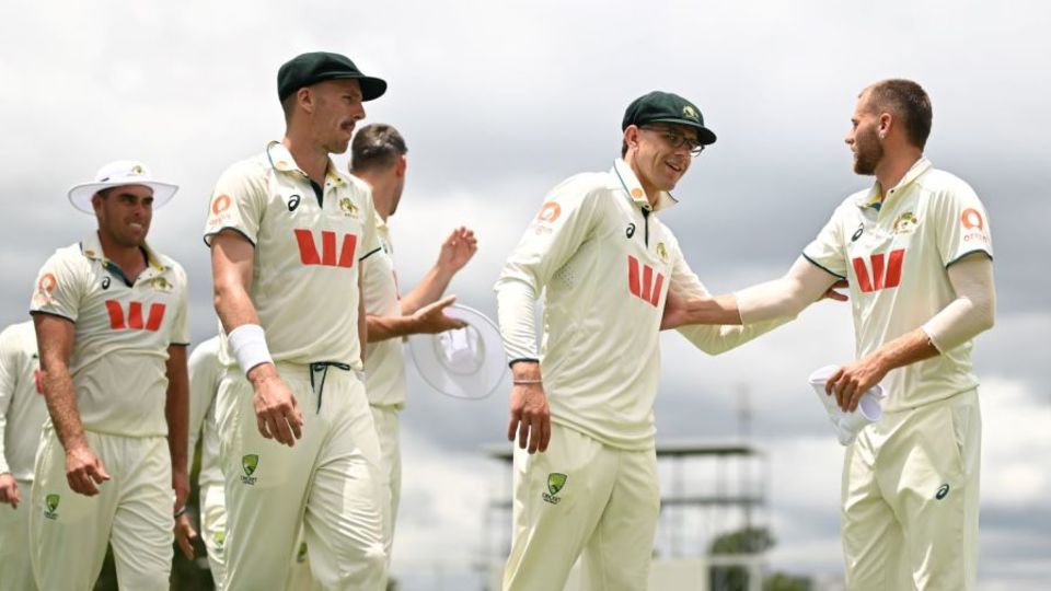 Xavier Bartlett, Ryan Hadley, Todd Murphy and Fergus O'Neill celebrate Australia A's win