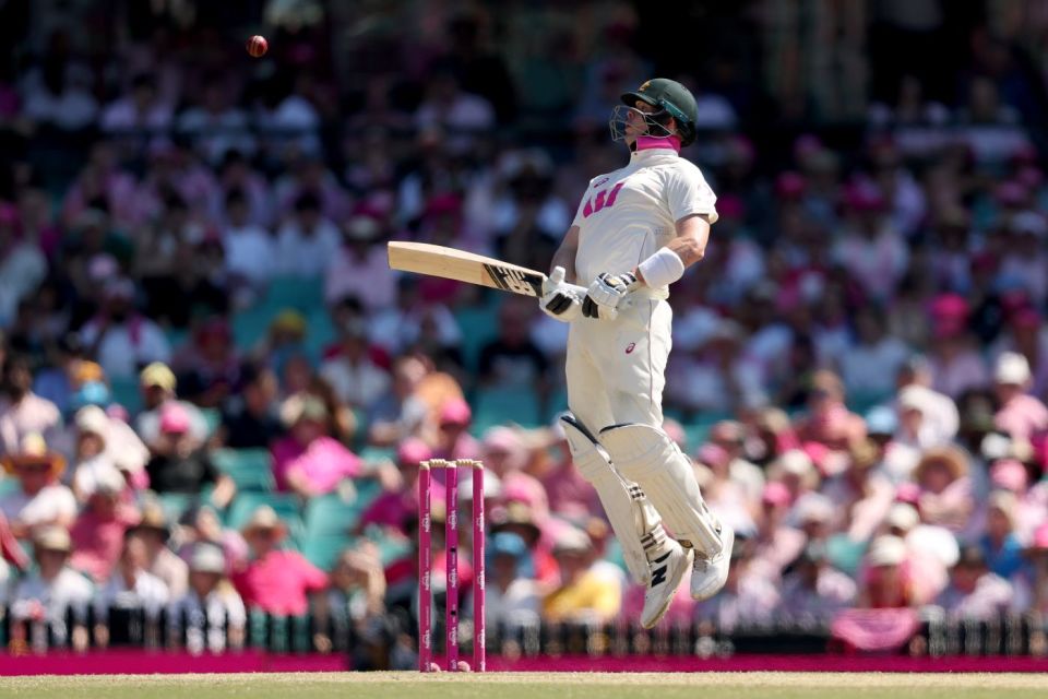 Steven Smith jumps along with a bouncer that he managed to avoid