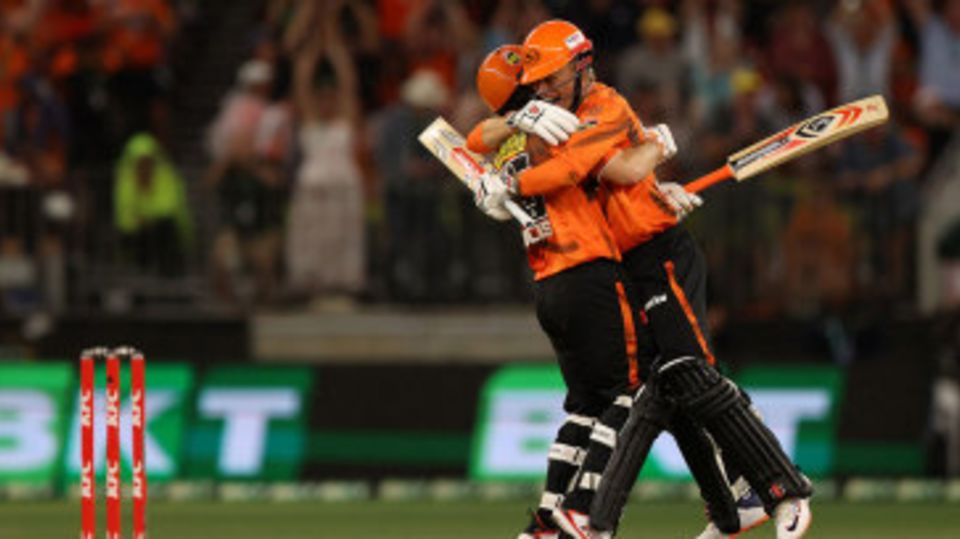 Josh Inglis and Cooper Connolly embrace as the winning runs are scored
