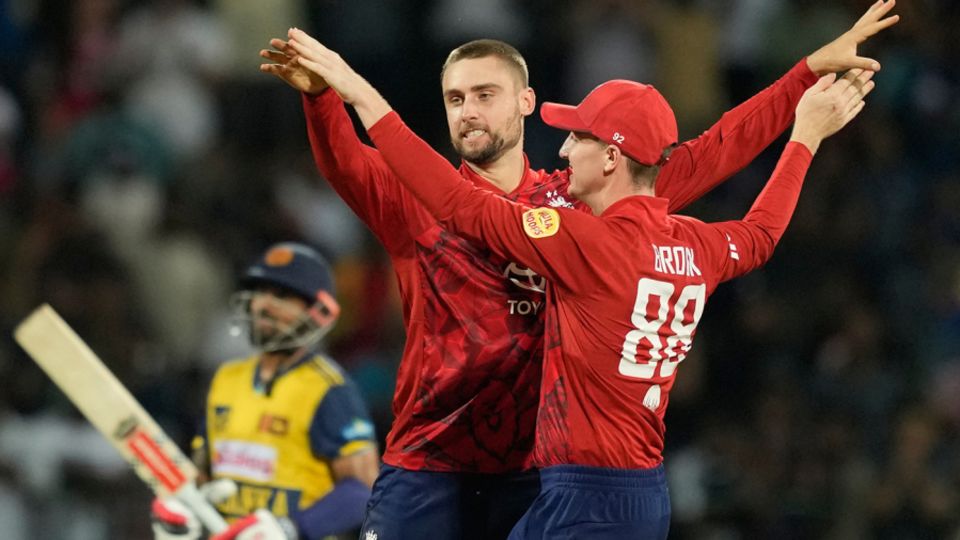 Will Jacks celebrates with his captain, Harry Brook, during the T20Is in Sri Lanka