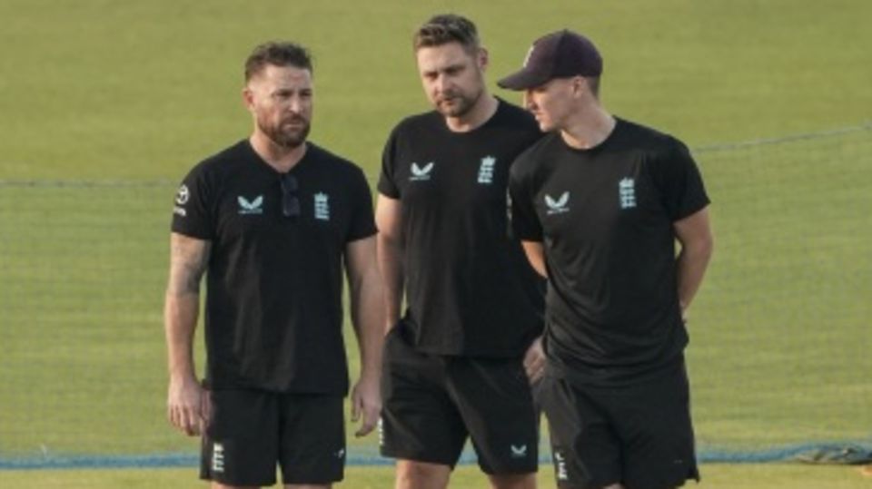 England head coach Brendon McCullum, selector Luke Wright and captain Harry Brook look at the Eden Gardens pitch