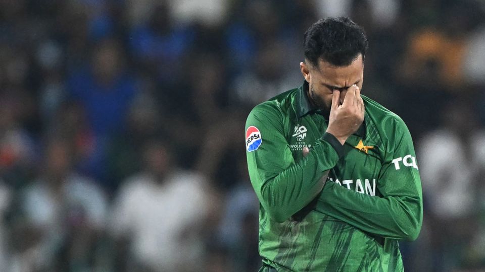 Pakistan's Mohammad Nawaz reacts 