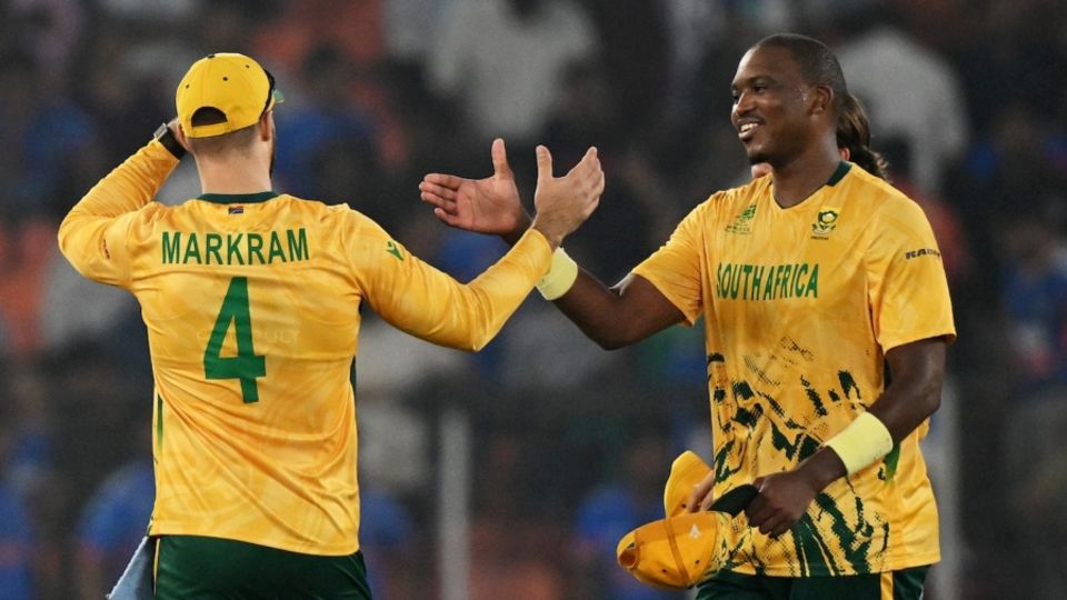 Aiden Markram and Lungi Ngidi celebrate after the win