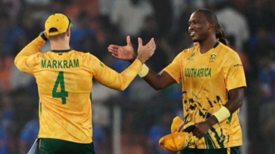Aiden Markram and Lungi Ngidi celebrate after the win