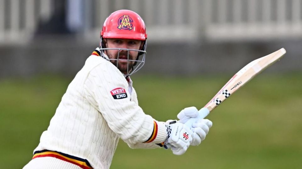 Travis Head plays the ball to the leg side