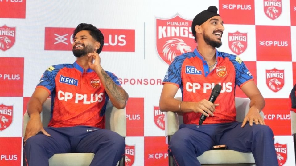 Shreyas Iyer and Arshdeep Singh have a laugh at a Punjab Kings event