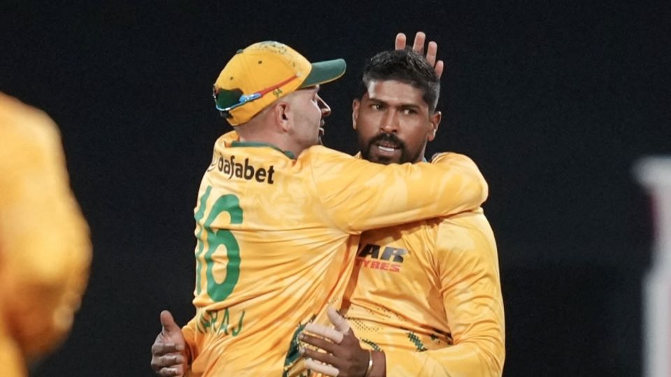 Prenelan Subrayen celebrates with Keshav Maharaj