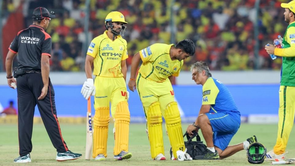 The physio attends to Ayush Mhatre's hamstring