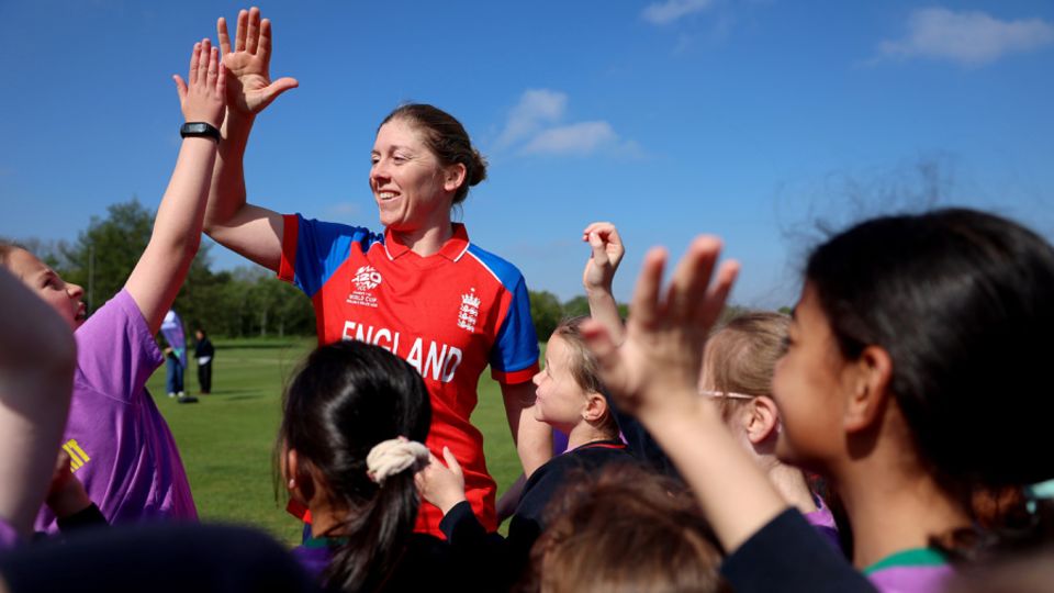 Heather Knight marks 50 days to go until the T20 World Cup at Schools Cricket Day