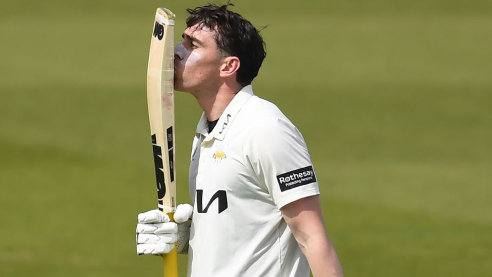 Dan Lawrence celebrates reaching his hundred