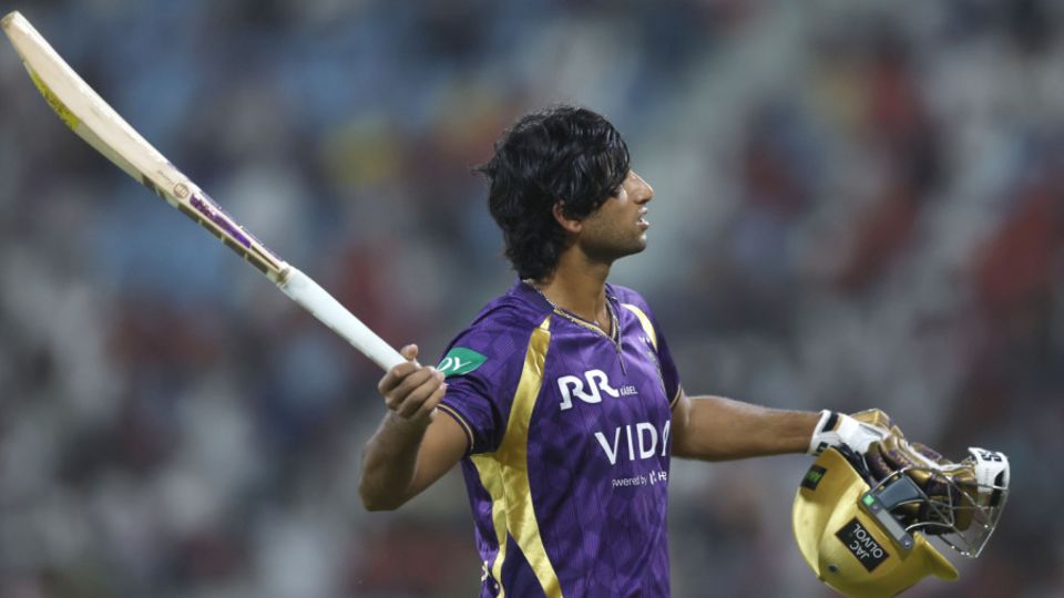 Angkrish Raghuvanshi reacts after his dismissal