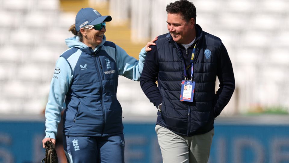 Charlotte Edwards shares a lighter moment with Marcus North ahead of the first women's ODI at Chester-le-Street