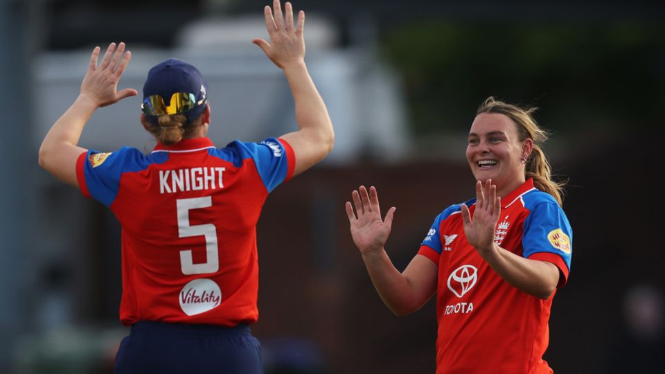 Dani Gibson celebrates her dismissal of Sophie Devine