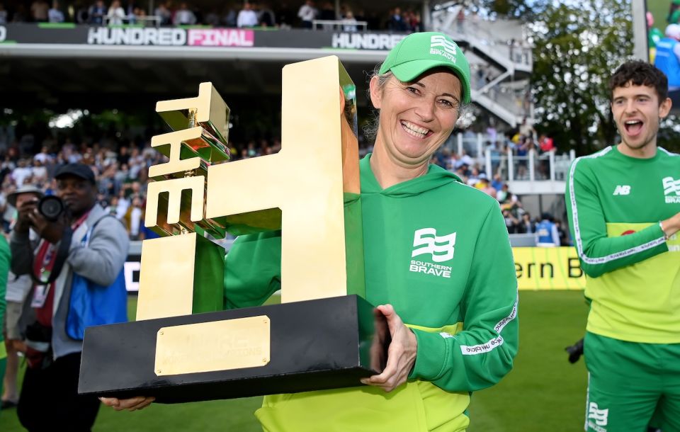 Gold standard: Edwards holds aloft the Hundred trophy in 2023 after her team Southern Brave's first title win