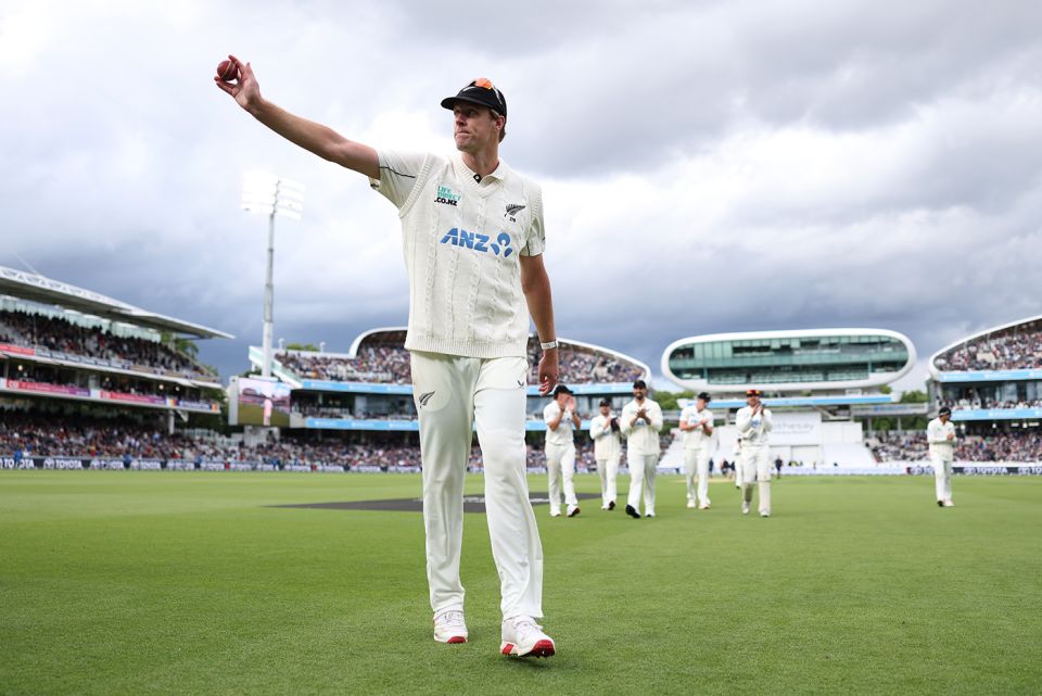 Kyle Jamieson holds the ball aloft after claiming a five-for
