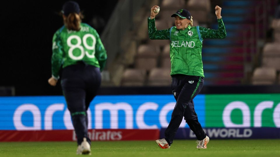 Gaby Lewis celebrates her catch to dismiss Danni Wyatt-Hodge