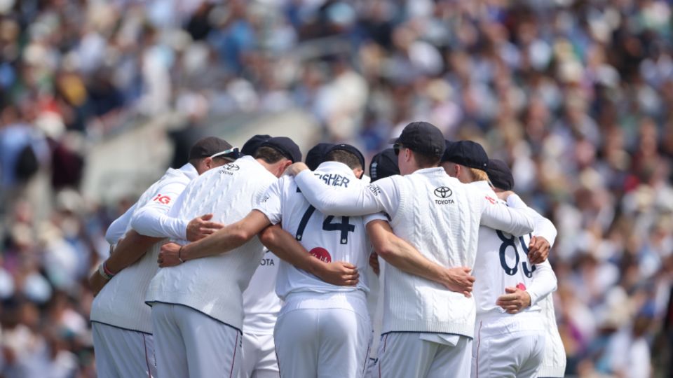 England's new-look team goes into a pre-match huddle