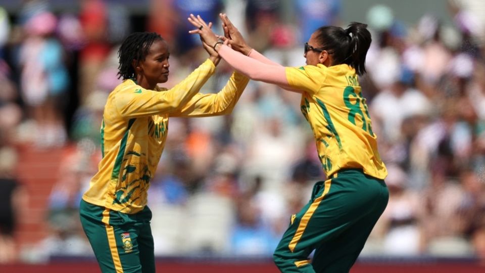 Ayabonga Khaka and Shabnim Ismail celebrate after Yastika Bhatia fell