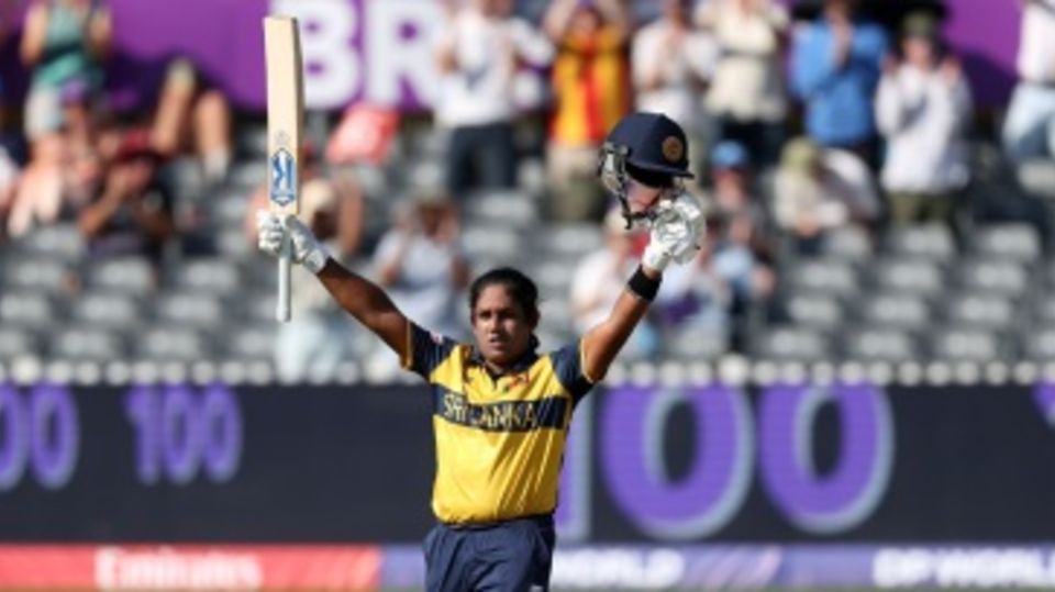 Chamari Athapaththu celebrates her 58-ball century