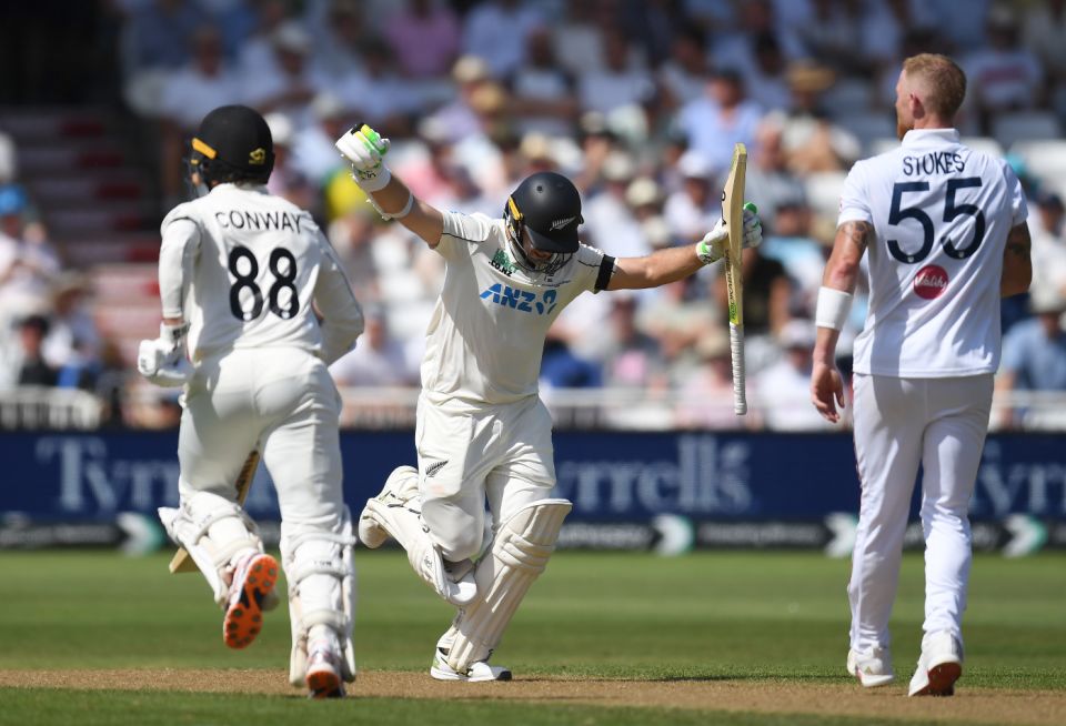 Tom Latham celebrates his 17th Test century