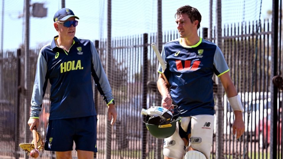 Andrew McDonald and Pat Cummins spent time with Cameron Green at the start of Australia's training session on the eve of the game