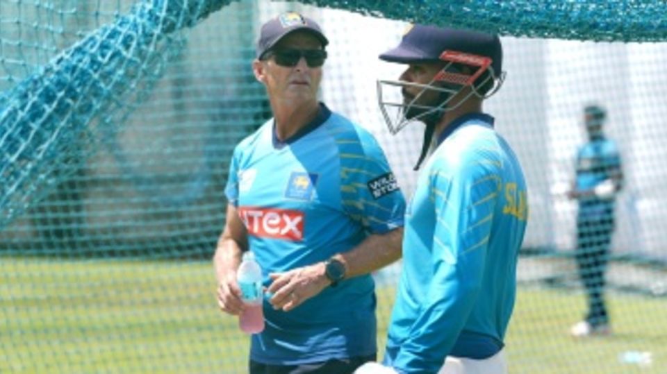 Dhananjaya de Silva works with coach Gary Kirsten at the nets