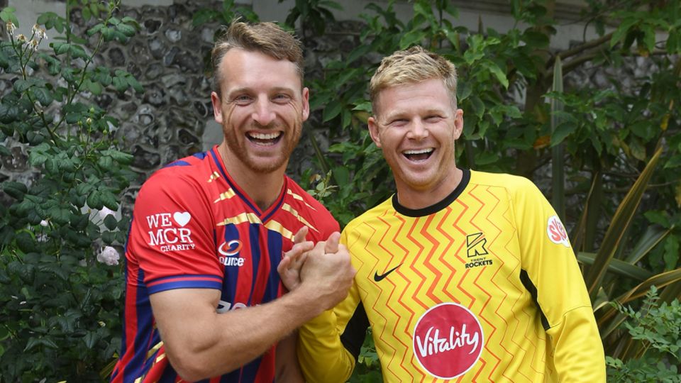 Jos Buttler and Sam Billings pose before the Hundred final