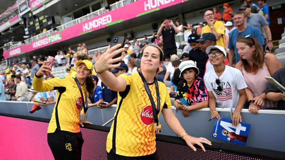 Katie Levick poses for a selfie after winning the Hundred final with Trent Rockets