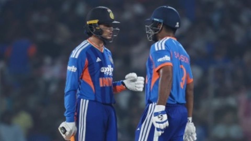 Abhishek Sharma and Sanju Samson bump fists