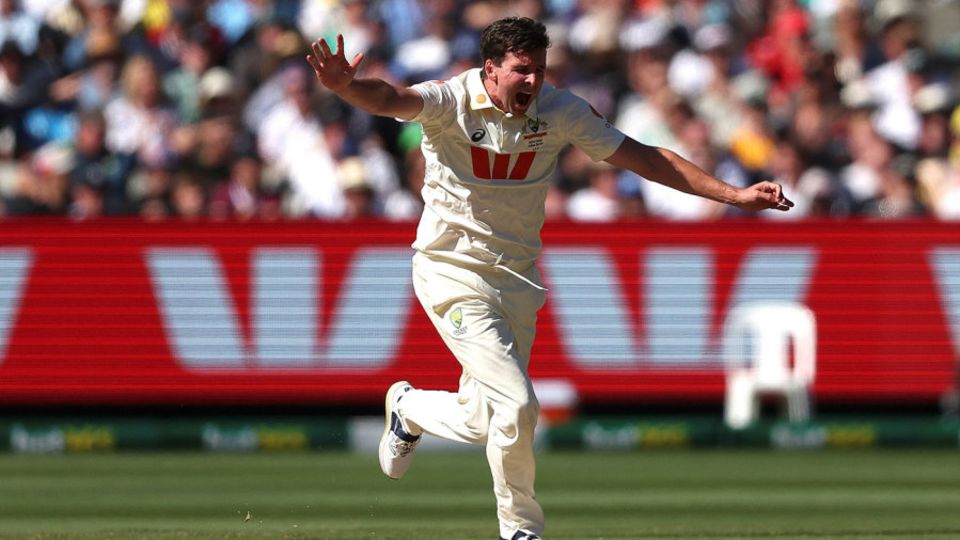 Jhye Richardson celebrates the wicket of Joe Root at the MCG
