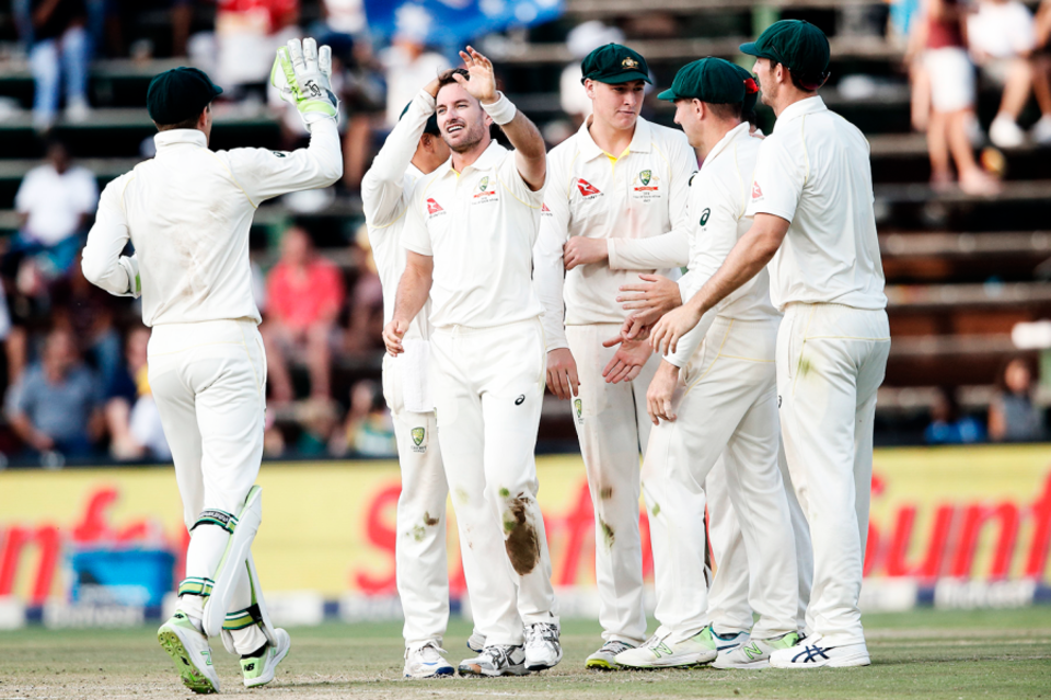 Chadd Sayers celebrates his first Test wicket, AB de Villiers: "Line and length, just nipping back through the gate. It was pure joy. That's what you ask for if you wanted your first wicket - to get one of the best batters in the world out"