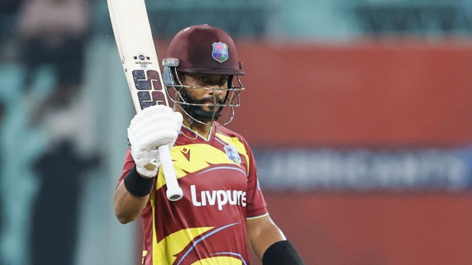 Shai Hope celebrates his maiden T20I fifty against India