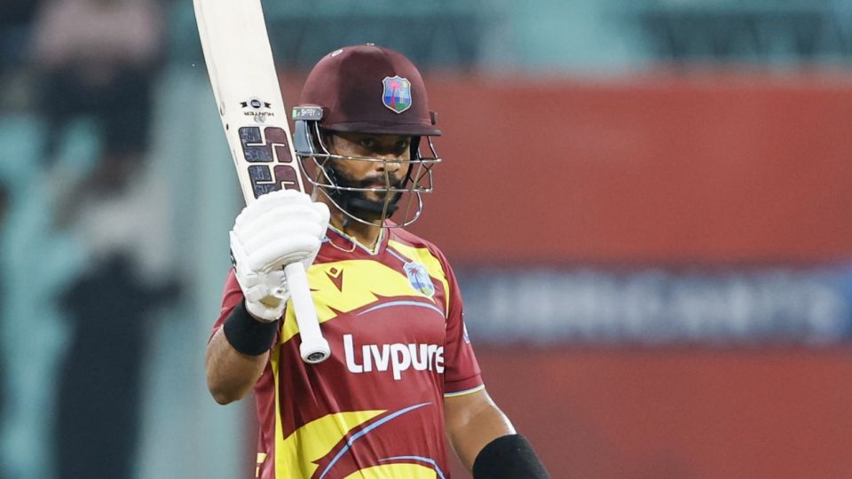 Shai Hope celebrates his maiden T20I fifty against India