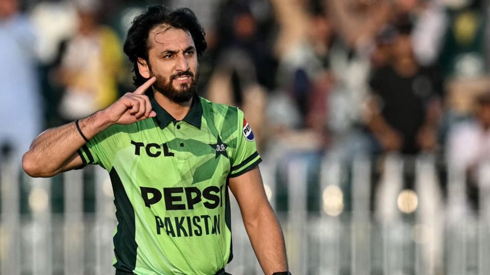 Salman Agha celebrates reaching his fourth ODI hundred