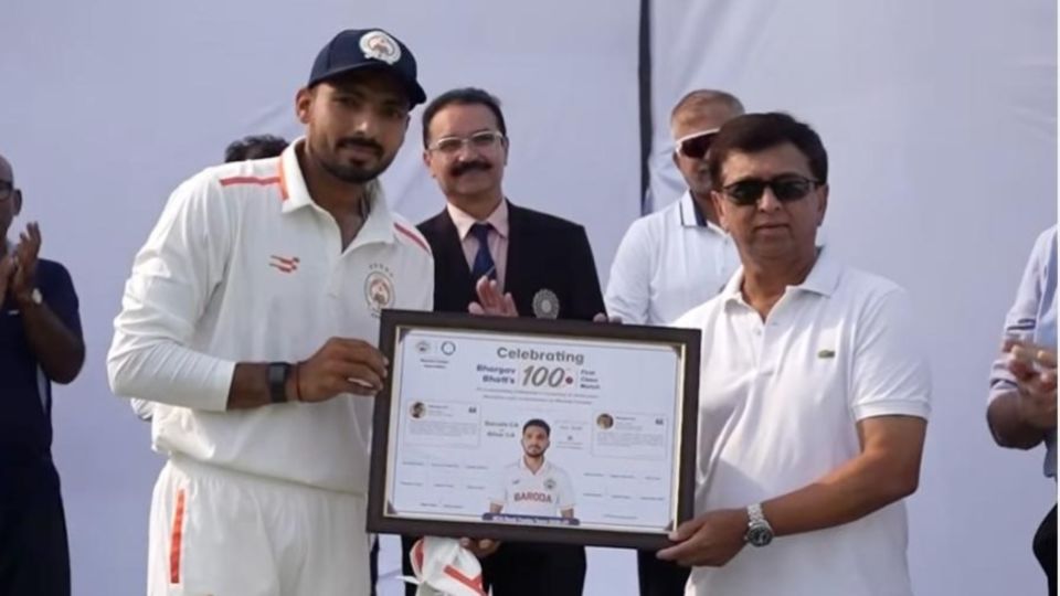 Baroda Cricket Association felicitated Bhargav Bhatt for his 100th first-class match