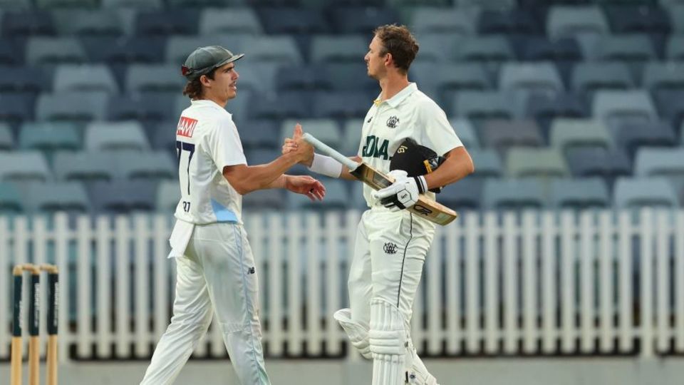Sean Abbott and Joel Paris shake hands after the match ended in a draw
