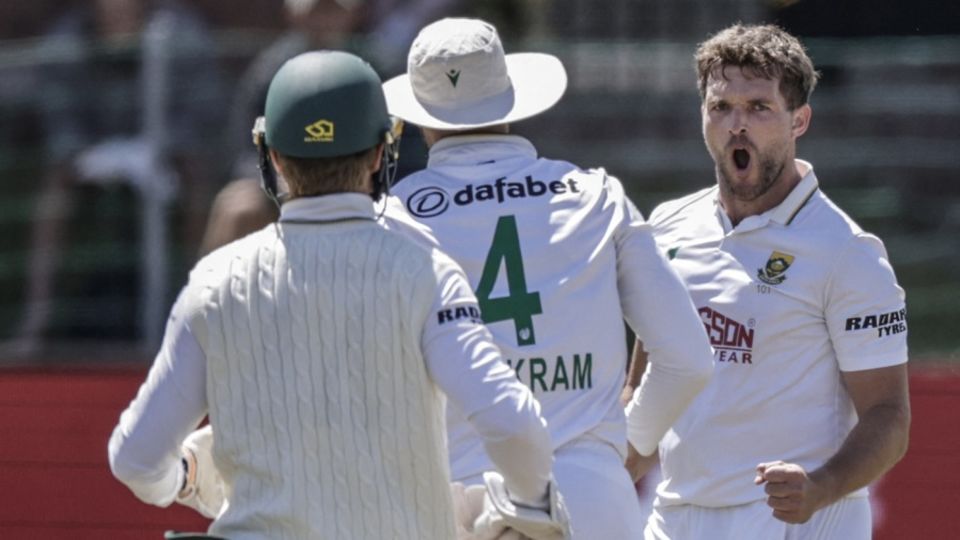 Wiaan Mulder celebrates after getting rid of Travis Head