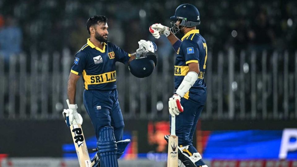 Pavan Rathnayake celebrates his ton with Dasun Shanaka