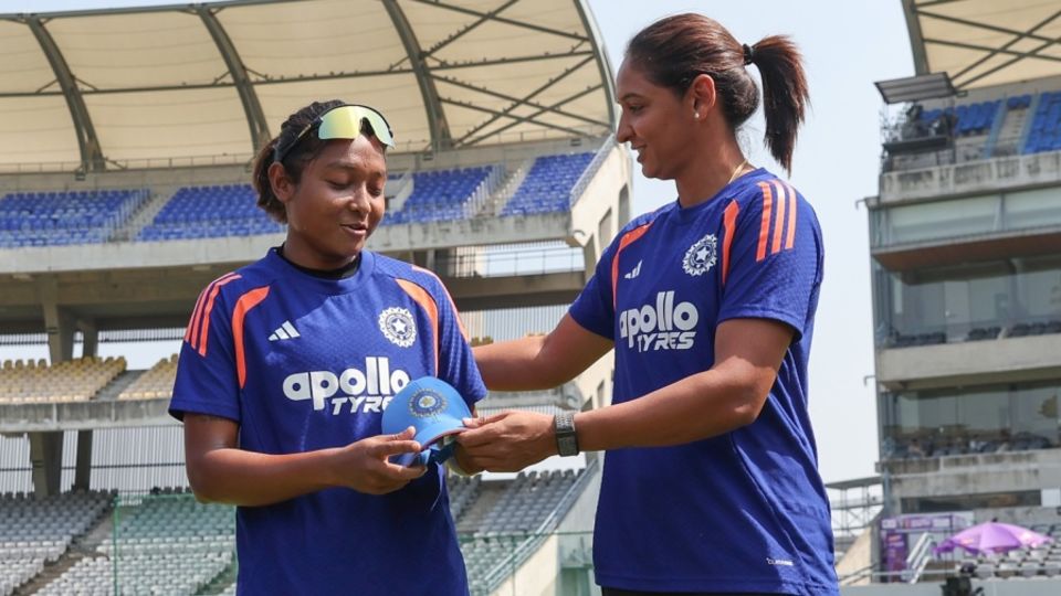 Jintimani Kalita received her India cap from Harmanpreet Kaur
