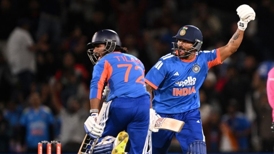 Tilak Varma and Nitish Kumar Reddy celebrate after hitting the winning runs