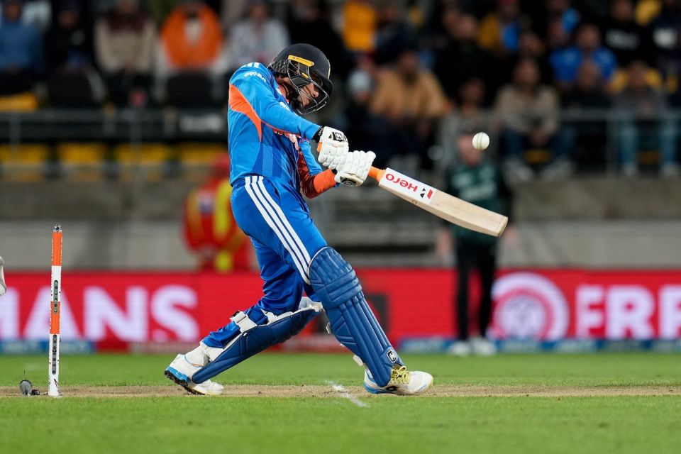 Abhishek Sharma launches the ball down the ground
