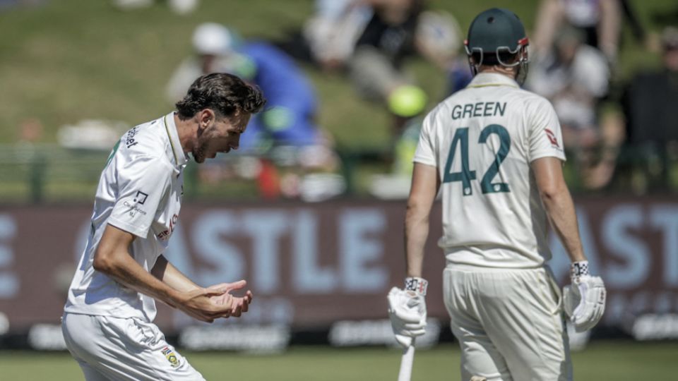 Marco Jansen celebrates Cameron Green's wicket