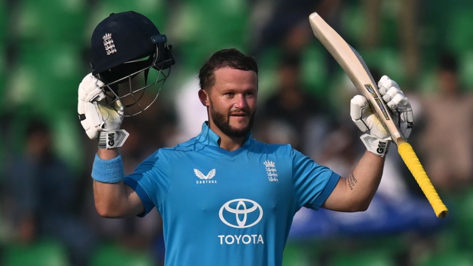 Ben Duckett celebrates his sixth ODI hundred