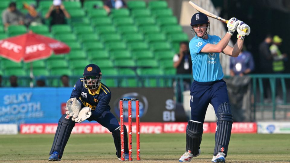 Harry Brook thumps a drive down the ground during his 44 at Lahore