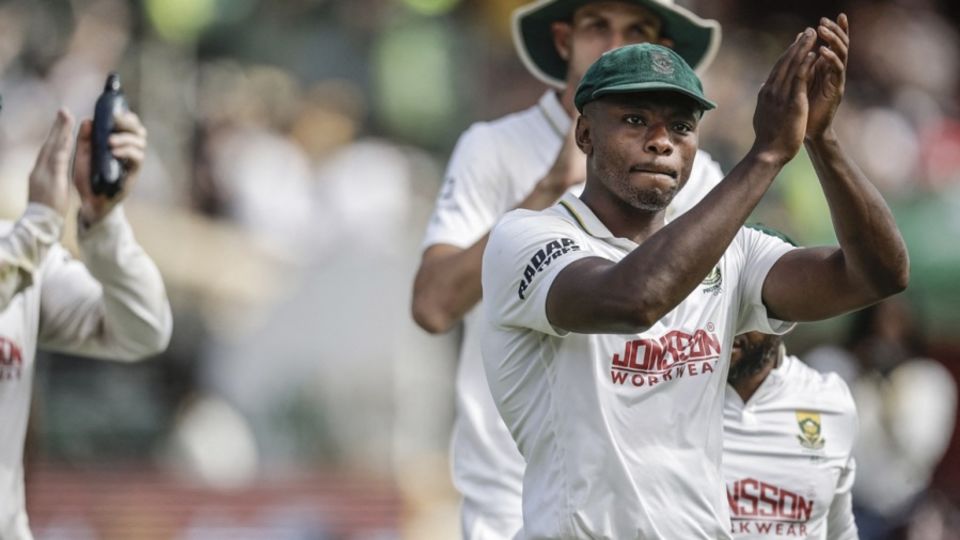 Kagiso Rabada acknowledges the crowd after the win